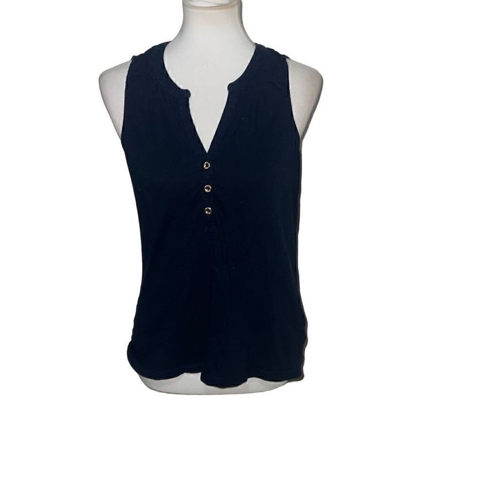 Lilly Pulitzer Navy Essie Tank Top Gold Buttons Smocked Neutral Basic Sz S Small